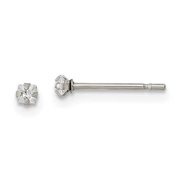 Kazi Luxury Chisel Stainless Steel Polished 2mm Square CZ Stud Post Earrings - Picture 1 of 5